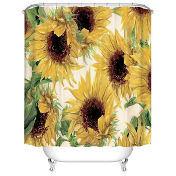 

Yellow Shower Curtain, Sun Flower Branches Bloom Blossoming in Spring Garden Sun Rays Nature Theme Home, Cloth Fabric Bathroom