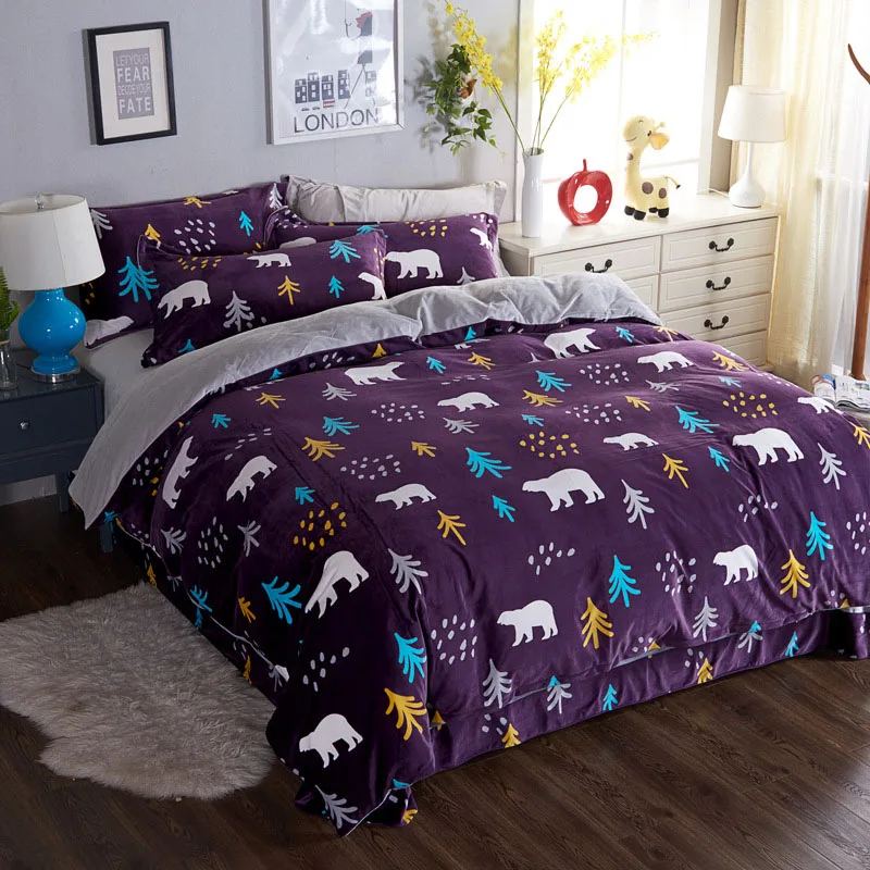 purple bear 3/4 шт. печати пододеяльник для девочек зимние комплекты постельного белья Стёганое одеяло простынь и наволочки комплект наволочек постельное белье для кровати в спальне постельное белье - Цвет: purple bear