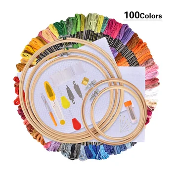 

100 Colors Embroidery Needles Kit Handwork Sewing Threads Hoops Cross-stitch Fabric Scissors Needle Threader Set