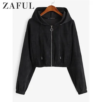 

ZAFUL Winter Solid Women Causal Jackets Hooded Long Sleeves Female Corduroy Pullovers Zip Up Drawstring Pocket Femme Crop Jacket