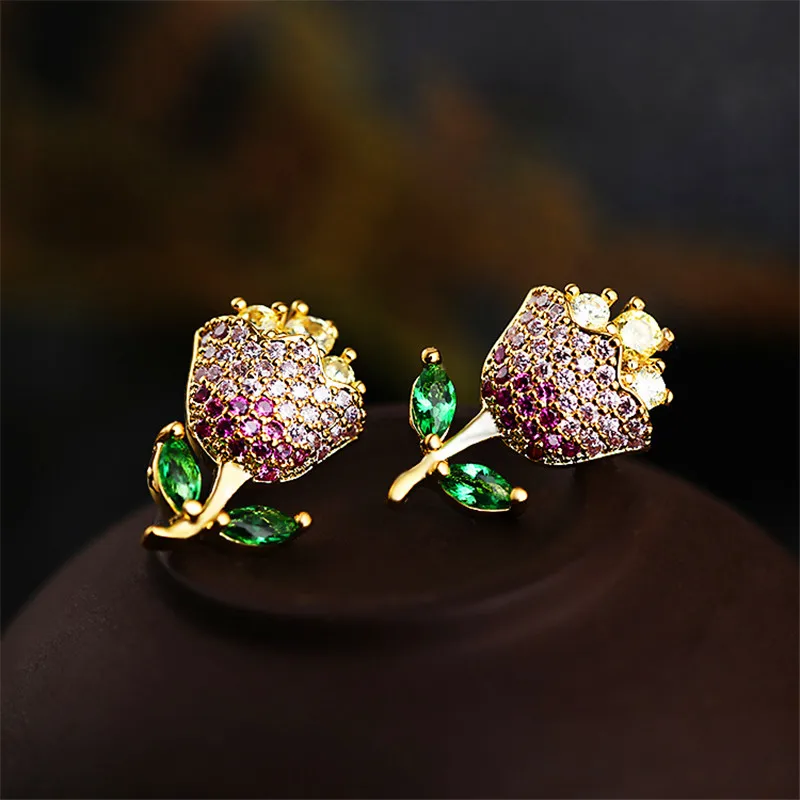 Роскошные женские милые серьги-гвоздики с розовым цветком серебряные золотые свадебные серьги Винтаж Циркон с радужным блеском серьги для женщин
