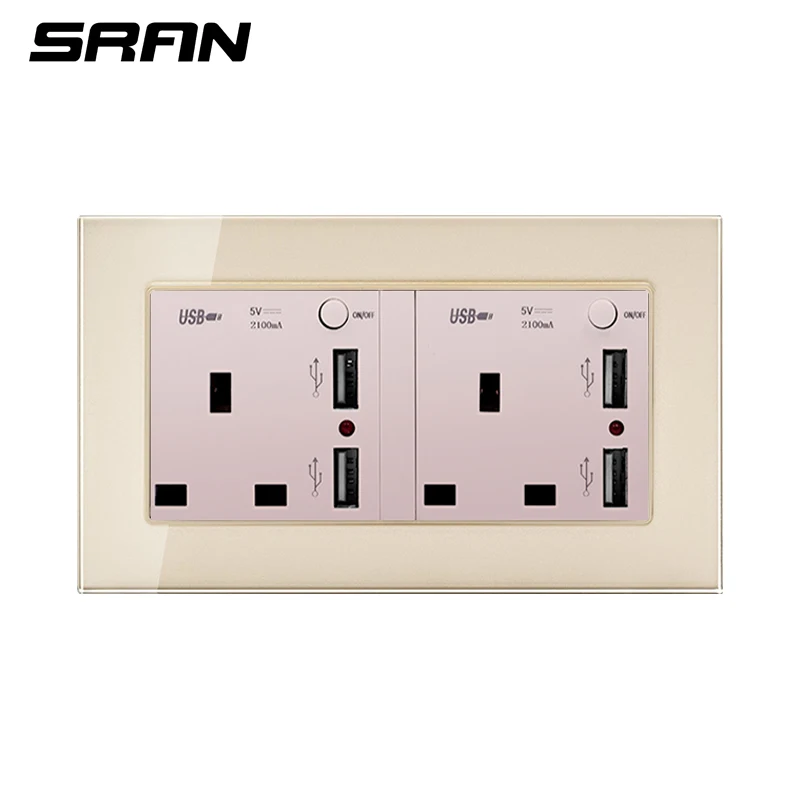 Gold SRAN 146 британская розетка стандарта Великобритании электрическая розетка с USB4 зарядным портом для быстрого перемещения интерфейс кристальная зеркальная панель - Тип: Gold
