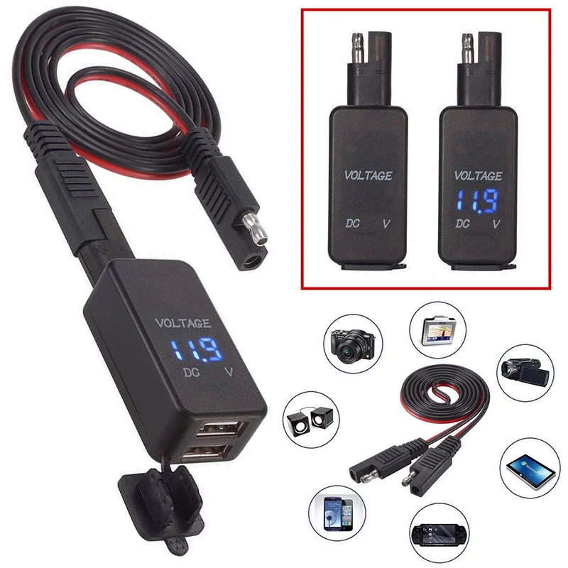 1 шт., мотоциклетный SAE-Dual USB Кабель-адаптер, зарядное устройство для телефона с синим светодиодный вольтметр для мобильного телефона, gps зарядка