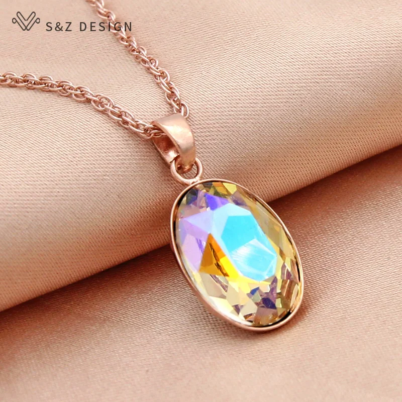 S&Z DESIGN New Fashion Egg Shape Oval Crystal Pendant Necklace For Women Wedding 585 Rose Gold Color Jewelry
