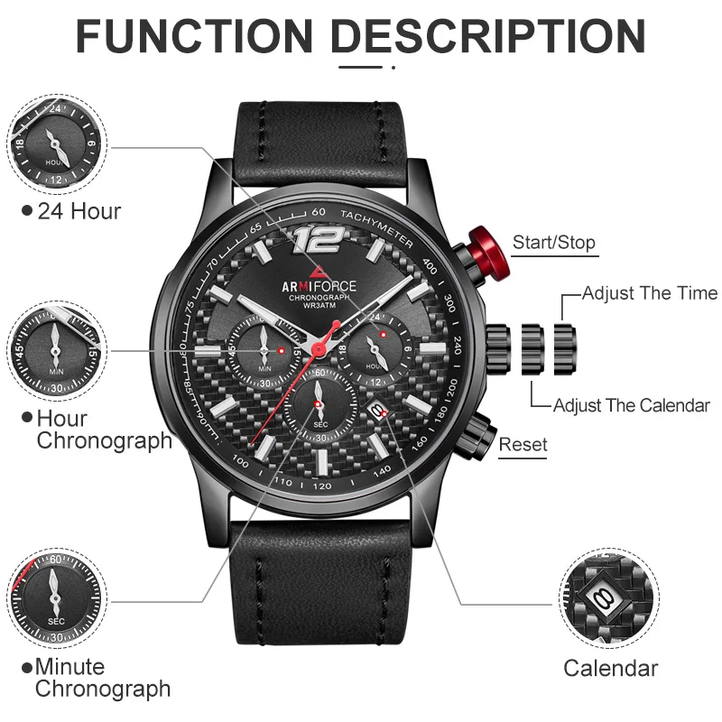 Фирменная Новинка ARMIFORCE Роскошные мужские часы в повседневном стиле кварцевые кожаные часы на запястье часы для Для мужчин мужской Водонепроницаемый часы Relogio Masculino