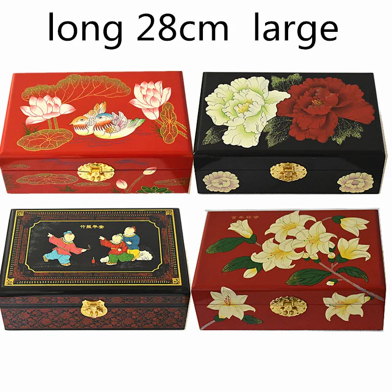 

2 layer Lacquerware Chinese Wooden Box with lock Large Vintage Decoration Storage Pull Box for Jewelry Makeup Case Wedding Gift