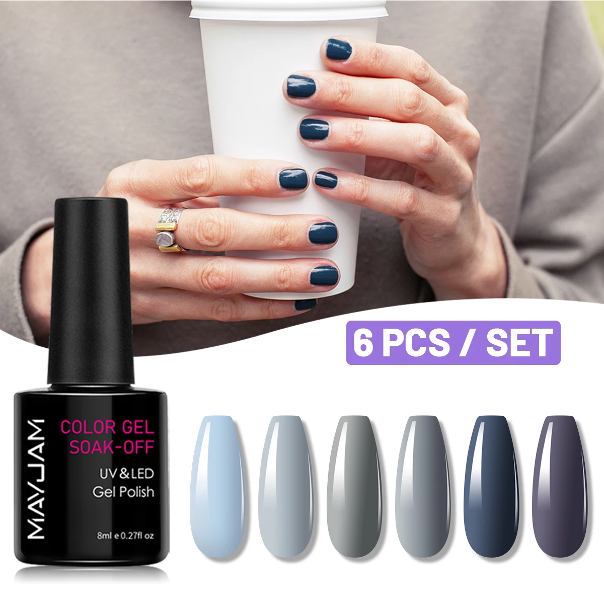 

MAYJAM 6Pcs Gel Nail Polish Set Semi-permanent Hybrid Colors Varnish Long Lasting Top Coat Soak Off UV LED Gel Nail Supplies
