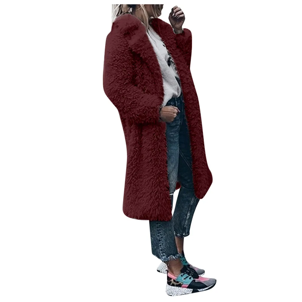 Женская меховая куртка, теплое искусственное пальто с отворотом, Длинная зимняя верхняя одежда, куртка из искусственного меха, повседневное плюшевое пальто с длинным рукавом, плюшевое пальто