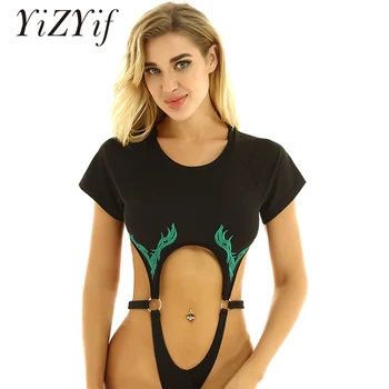 

Women Sexy Lingerie One-piece Round Neck Short Sleeve Embroidery Hollow Out Thong Bodysuit Jumpsuit Leotard Top Blouse T-Shirt