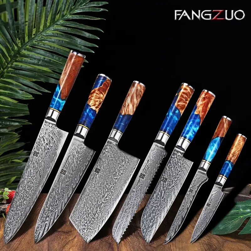 Fangzuo Damascus Knives Sets Chef Knife Japanese Kitchen Knife Damascus Vg10 67 Layer Steel Knives Blue Resin Wooden Handle Kitchen Knives Aliexpress