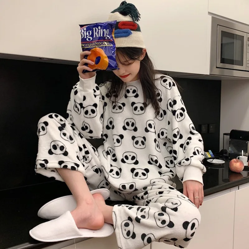 

Autumn And Winter WOMEN'S Dress Korean-style Network Red Pyjamas Two-Piece Set Thick Warm Cartoon Tops Pants Leisure Pajamas Set