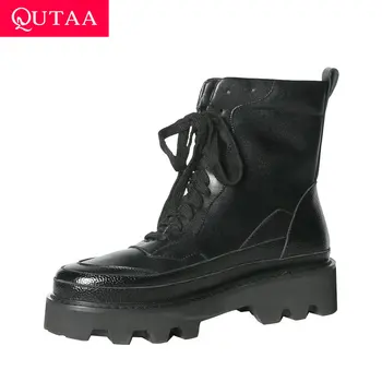 

QUTAA 2021 Platform Cow Leather Ankle Boots Square High Heel Women Shoes Round Toe Lace Up Autumn Winter Short Boots Size 34-39
