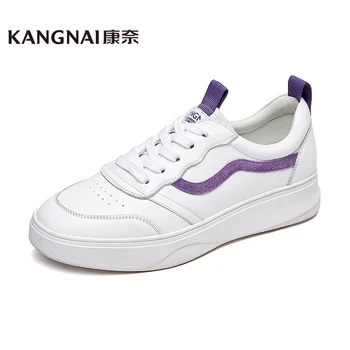 

KANGNAI Womens White Flat Shoes Round Toe Patchwork Female Shoes Sneaker Lace-Up Breathable Casual Shoes
