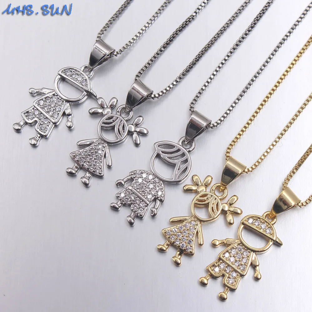 

MHS.SUN Cute Small Boy Girl Mosaic AAA CZ Pendant Chain Necklace Fashion Women Zircon Necklace For Valentine's Day Gifts 10pcs