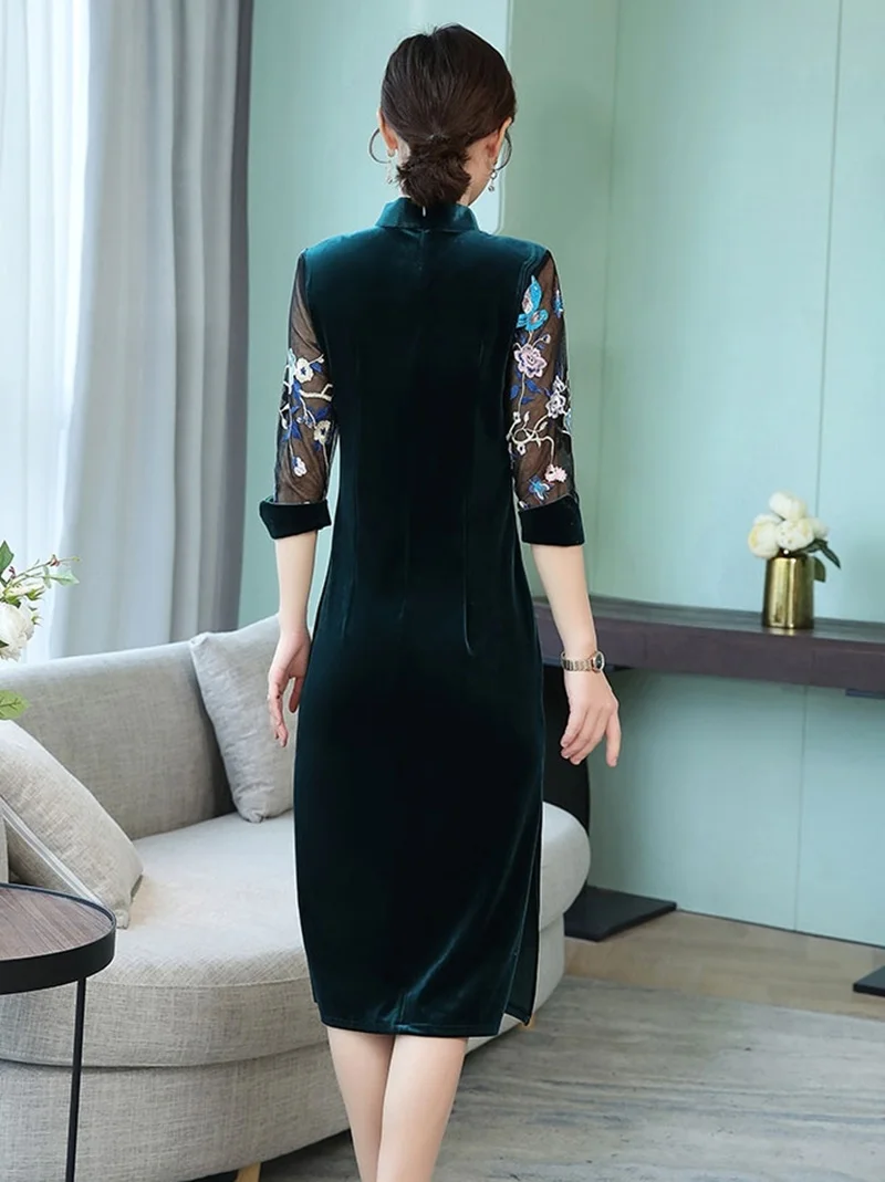 Зеленый cheongsam Qipao бархатное платье Чонсам средней длины элегантное китайское платье es с кружевными рукавами для девочек Чай Длина Qi Pao стильное традиционное китайское платье FF2236