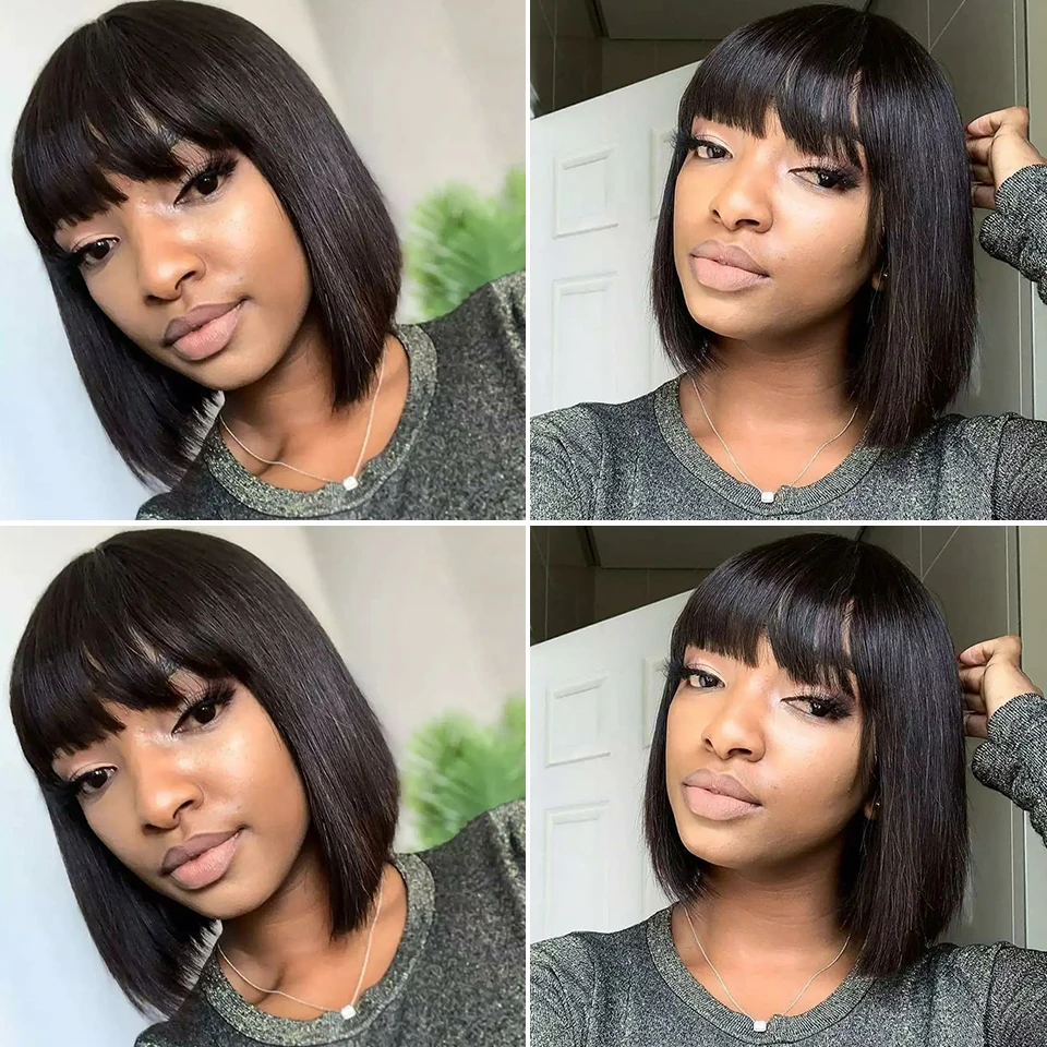 Short Bob Wigs For Black Women Natural Black Brazilian Straight Human hair Wigs With Bangs Full Machine Made Glueless Fringe Wig Short Bob Wigs For Black Women Natural Black Brazilian Straight Human hair Wigs With Bangs Full Machine Made Glueless Fringe Wig