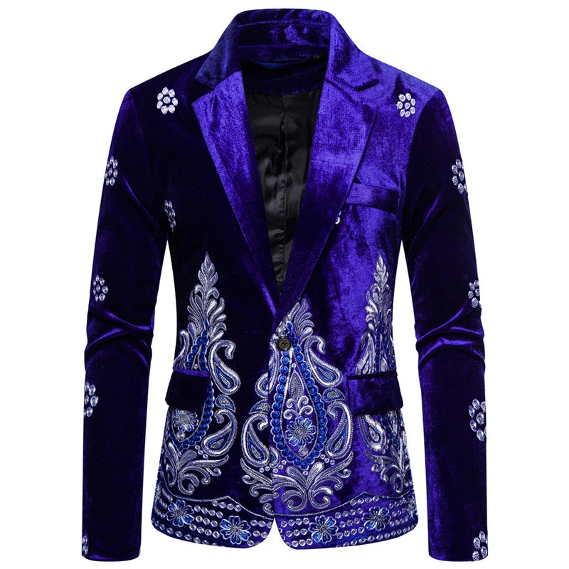 25.1      59.99、（S-2XL)、Unique Luxury Men's Blazer Costume Stage Jacket Suit Male Velvet One button Gold Thread Embroidered Dress Suits for Men