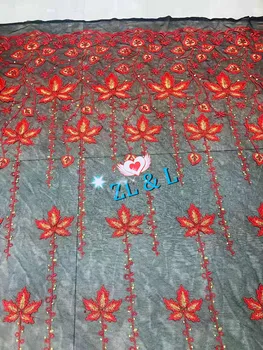 

New high-quality mesh embroidery red maple leaf African lace fabric French mesh suitable for all kinds of dress DIY clothing