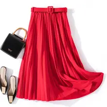 Однотонная простая плиссированная юбка для девочек, Весенняя Осенняя Женская юбка средней длины с поясом