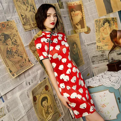 16 цветов традиционное китайское платье для женщин Мини Cheongsam Qipao одежда из шелка Ретро Qi Pao Восточный стиль несколько цветов 3XL - Цвет: 9803-red qipao