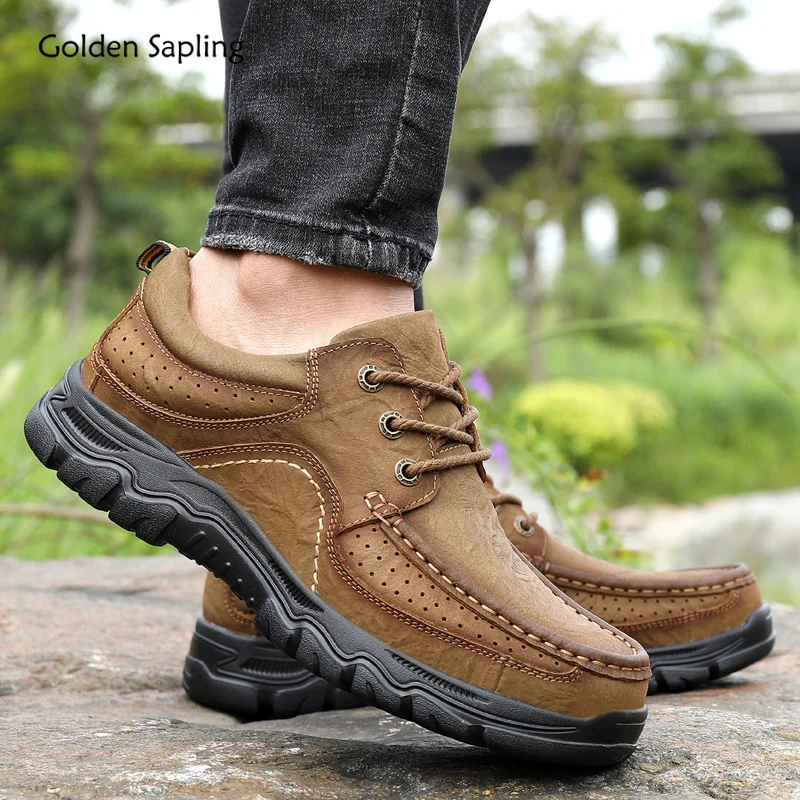 

Golden Sapling Lightweight Outdoors Shoes Men Genuine Leather Breathable Platform Retro Boots Men's Sneakers for Trekking Hiking