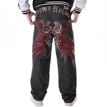 Plus Size Waist 30-46 Inch Skateboard Mens Jeans Wide-Leg Loose Hip Hop Embroidered Flower Wings Male Denim Pants Tide Trousers