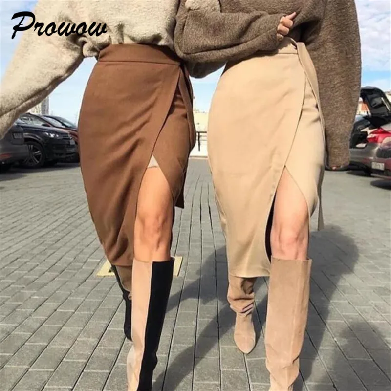 Suede Long Skirt Women Retro Female Hight Waist Asymmetry Casual Women Wrap Skirt Ladies Long Skirt Jupe Longue Femme Slim