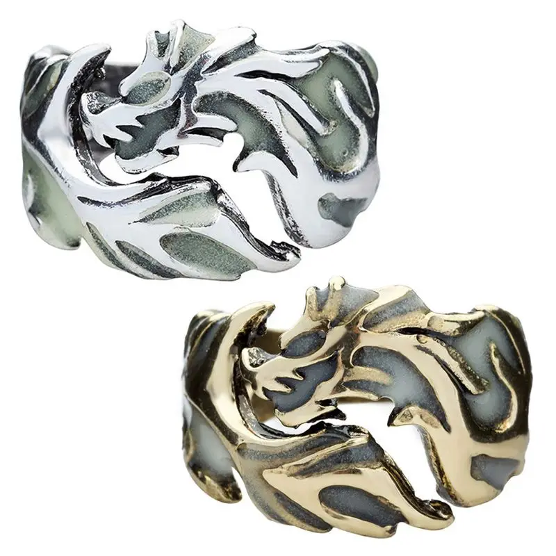

Creative Gothic Punk Retro Embossed Dragon Pattern Luminous Ring Cool Vintage Men Jewelry Decor