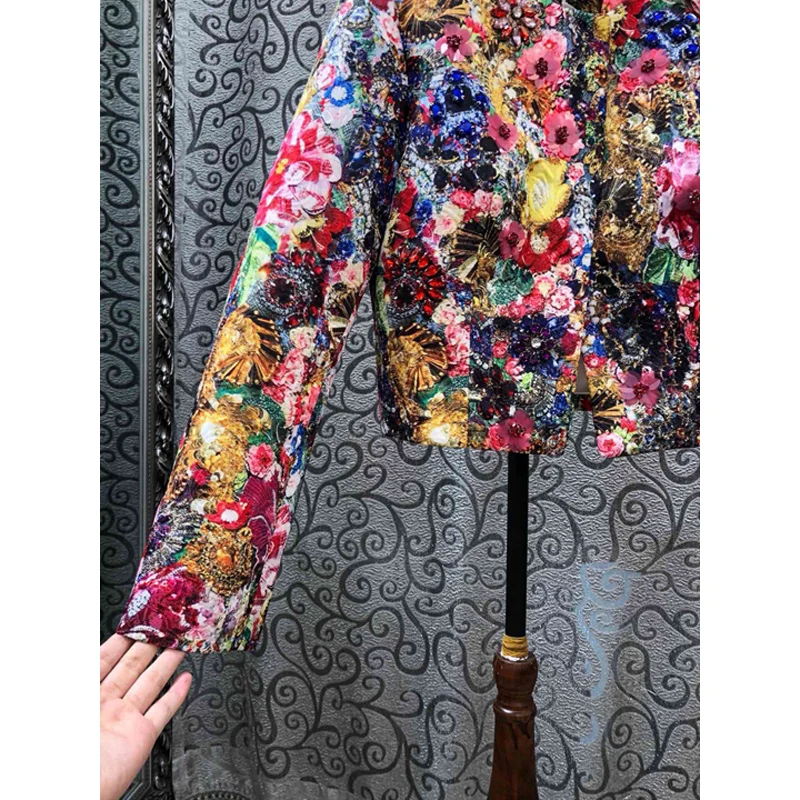 Online SEQINYY Luxus Jacke 2020 Frühling Herbst Neue Mode Design Perlen Pailletten Kristall Bunte Blumen Druck Jacquard Top Frauen