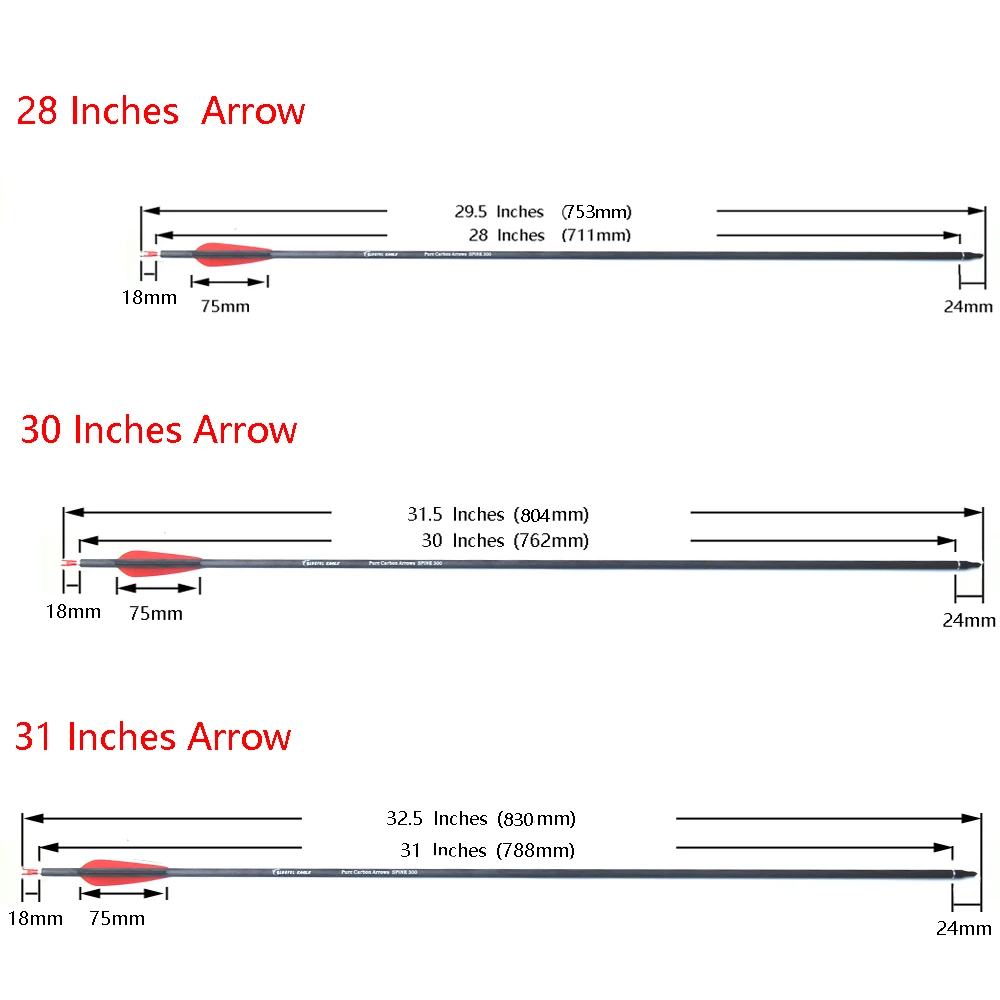 Archery Pure Carbon Arrow for Recurve Compound Bow Hunting Shooting ID 6.2 Spine 300 400, 28"/30"/31"