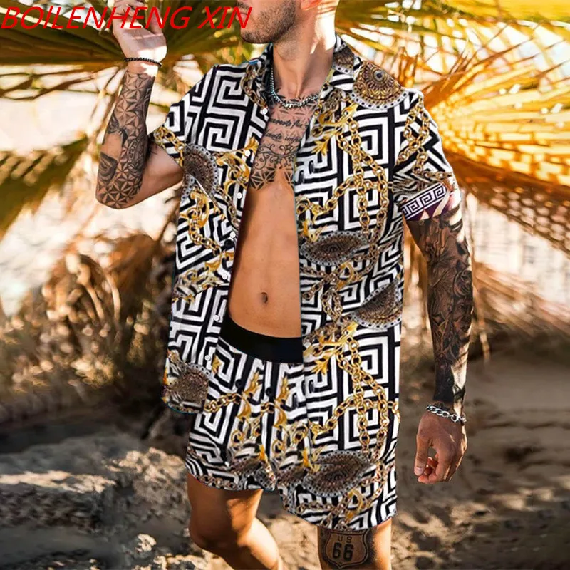 Traje de moda para hombre, camiseta de dos piezas con estampado digital de salpicaduras de tinta 3D, pantalones cortos, paquete Hawaiano para vacaciones