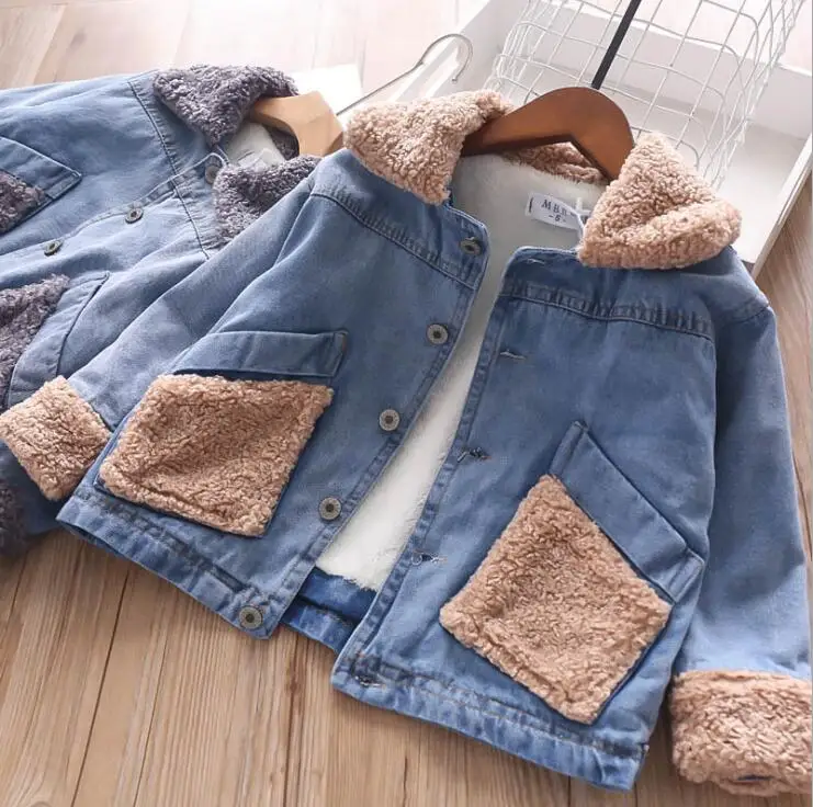 Новинка года; ; джинсовое утепленное пальто для девочек флисовая зимняя куртка с длинными рукавами для девочек 2-7 лет; HX807