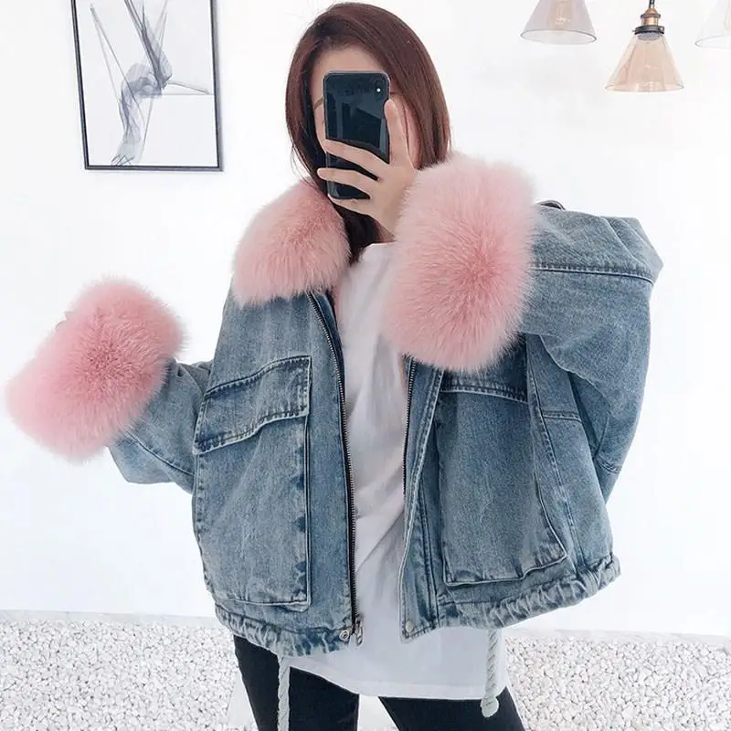 

Fox Fur Collar Denim Jacket Winter Women Loose Overcoat Pockets Short Fur Coat Jeans Removable Rabbit Fur Liner Thick Outwear