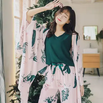 

Spring hotand Autumn Women's Casual Cotton Three-Piece Pajamas Comfortable Breathable Korean Retro Wind Long Sleeve Home Service
