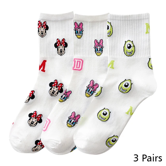 8 Pairs Disney Cartoon Socks Cute Mickey Minnie Daisy Donald Winnie Piglet Print White Funny Harajuku Fashion Kawaii Girl Sock HD018