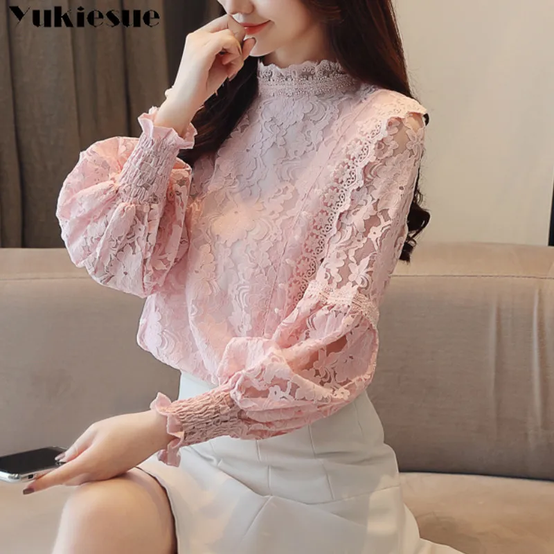 Blusa informal de encaje con manga larga para Primavera, Camisa lisa con cuello levantado para mujer, con volantes, 2021