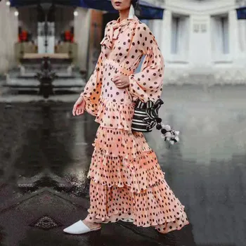 

Runway Fashion Polka Dots Dress 2020 Spring Women's Long Sleeve Pink Layered Dress Cascading Ruffles V-Neck Maxi Dress plus size