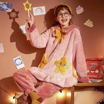 

Autumn Winter Women Pajamas Full Sleeve Flannel Cute Hello Kitty Pajamas Sets Casual Thick Sleepwear Pullovers