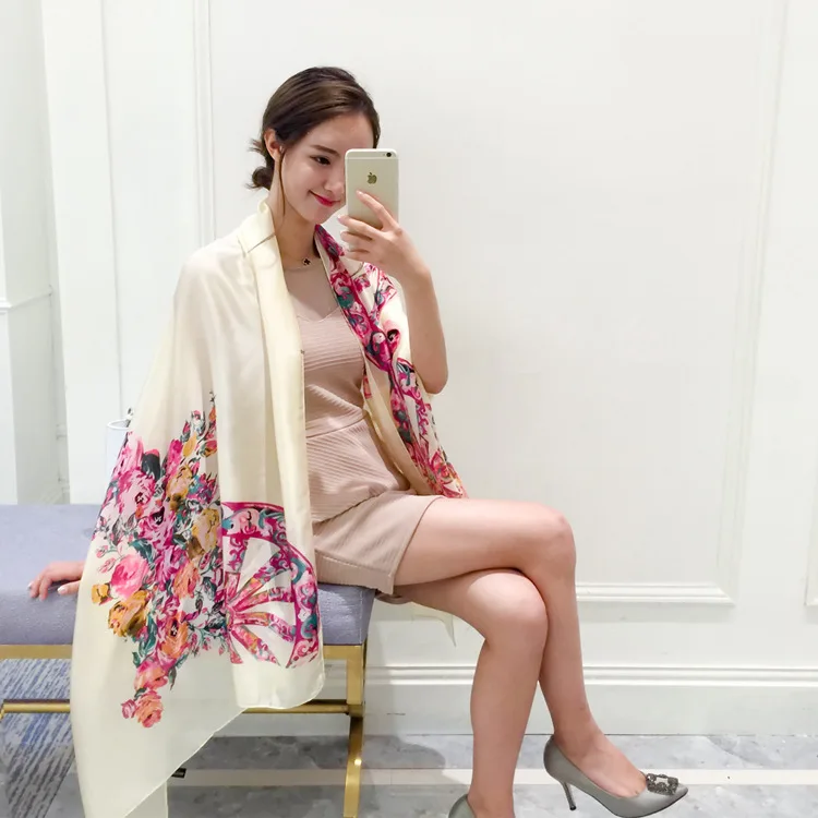 

Spring And Summer New Style Silk Scarves Flower Wheel Catwalk Models Long Imitated Silk Fabric Women's Elegant Scarf Sun-resista