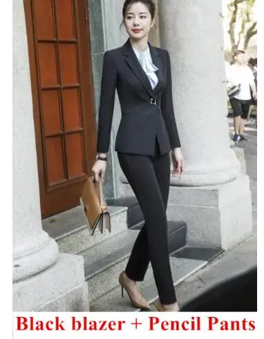 blacksuit Модные черные и белые брюки костюмы для женщин новые формальные деловые с длинным рукавом широкие брюки Блейзер и брюки Офисная Женская рабочая одежда - Цвет: blacksuit