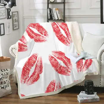 

Red Lips Sherpa Blanket on Bed White Plush Throw Blanket for Kids Bedspread Red Lips Fluffy Blanket Sexy Lips Thin Quilt