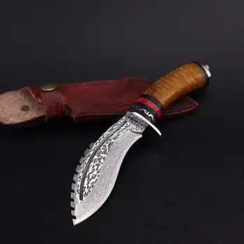 

Very sharp Cutting tools outdoor Damascus manual forging straight knife Tactical saber wood handle knife collection gift