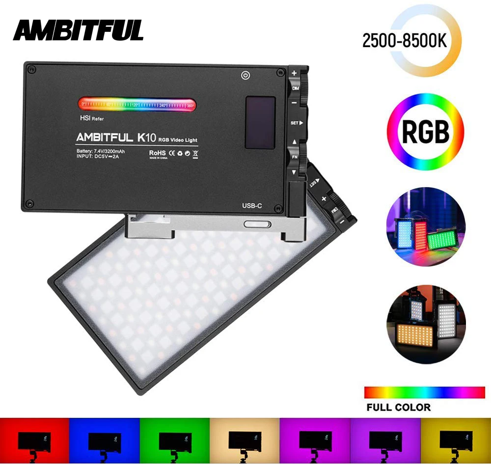 AMBITFUL K10 RGB 2500K 8500K полноцветный светодиодный светильник с регулируемой яркостью