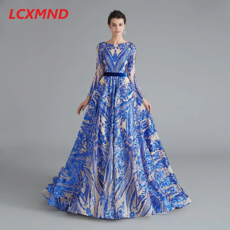 Royal Blue Золотые блестки с длинным рукавом Формальное вечернее платье длинная Империя Bateau Вечерние Выпускные платья трапециевидной формы с открытой спиной вечернее платье плюс размер - Цвет: Royal Blue