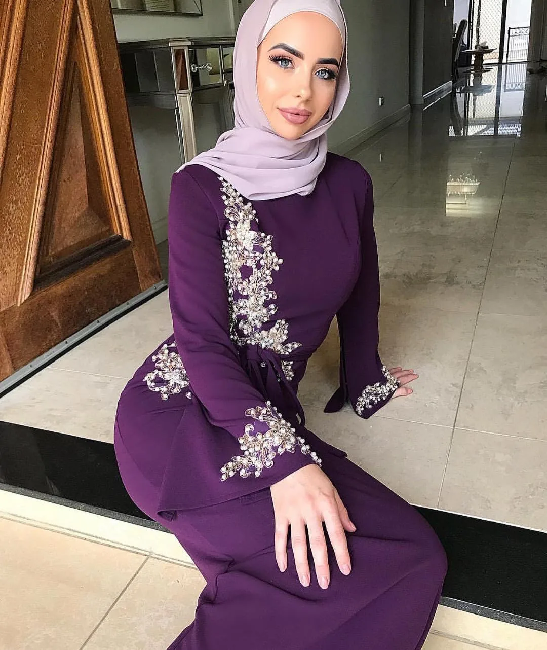 Dubai Arab Islamic Clothing Women Muslim Dress beading Floral Printed Lace-up slim Maxi Abaya Dresses Kaftan Islam Costume femme