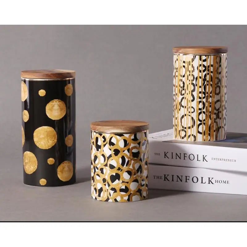 Geometric Storage Box Ceramic Wood Lid Storage Bottle Jars For Spices Slimes Cosmetics Kitchen Container Potes De Cozinha Bank