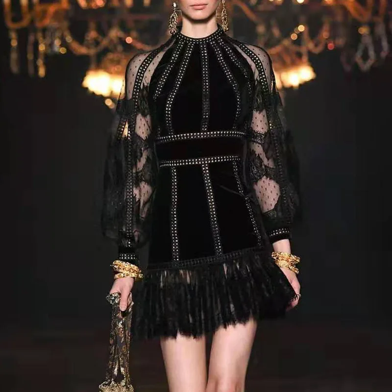 

Women Autumn Dress Lace Black Beading Lantern Sleeve Sheer Tassles Sexy Dress Women
