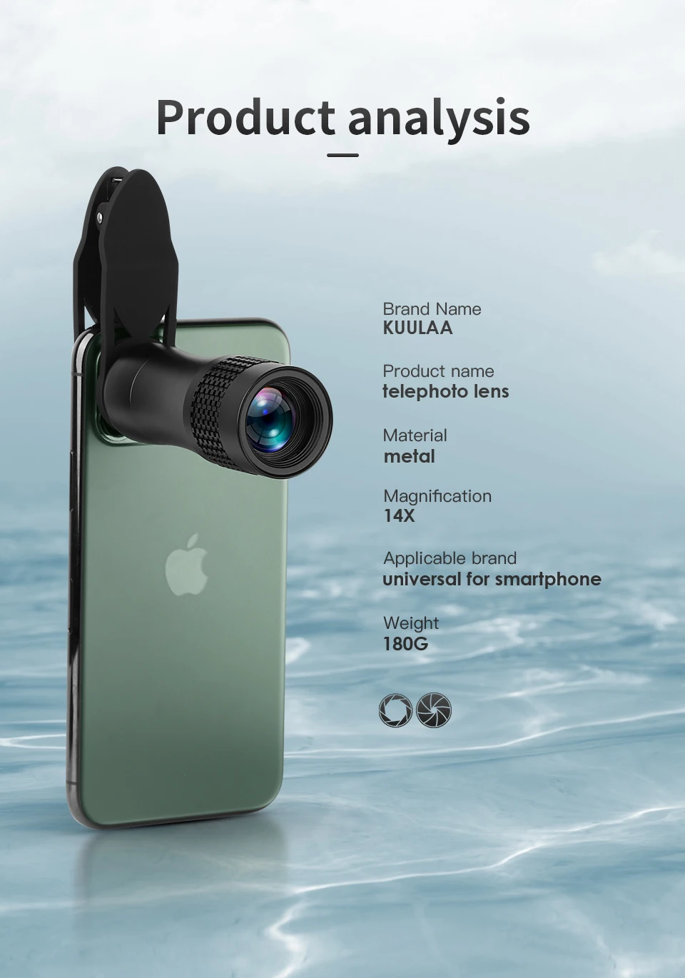 KUULAA Universal 14X Monocular Zoom HD Optical Cell Phone Lens Observing Survey telephoto lens for iPhone 11 Pro Smartphone