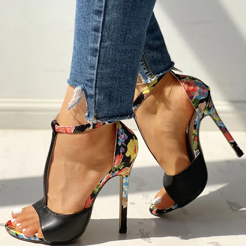 SWQZVT New thin heels women fish mouth open toe summer sexy party pumps women shoes 2020 fashion print vintage ladies sandals (6)