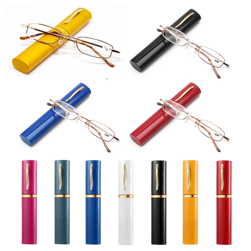 

Reading Glasses Portable Presbyopic Frames Unisex with Pen Tube Case Metal Case Spring Hinge Eyeglasses Vision Gafas +1 To +4